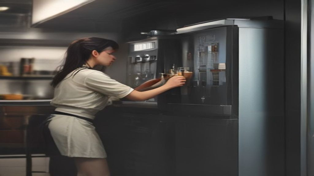 Kitchen manager checking keg capacity inside a refrigerated beer dispenser cabinet