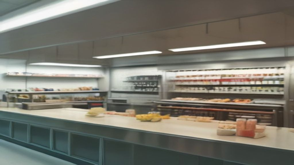 Open air curtain merchandiser stocked with bottled drinks and packaged grab-and-go foods in a restaurant retail area