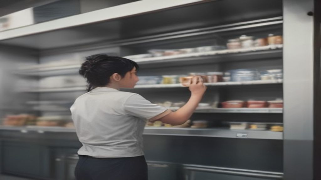 Kitchen manager checking shelf load lines and product temperature inside an air curtain merchandiser