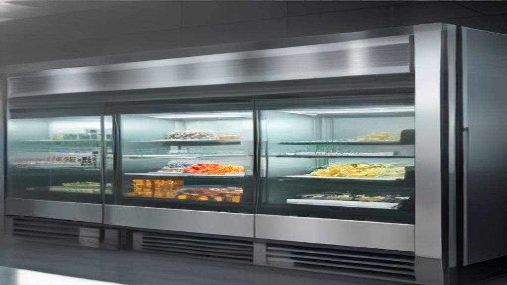 Commercial refrigeration lineup showing an air curtain merchandiser beside glass-door and reach-in coolers