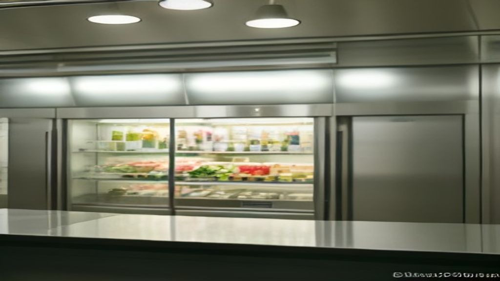 Clean glass-door countertop merchandiser refrigerator installed with proper rear clearance in a restaurant