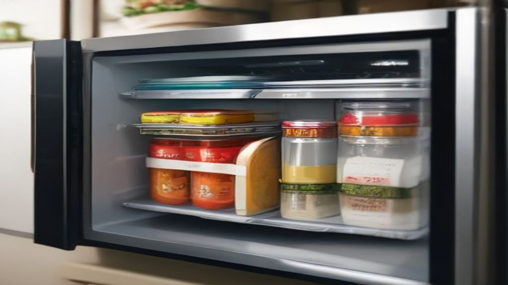 Kitchen manager checking shelf spacing and airflow inside a countertop merchandiser refrigerator