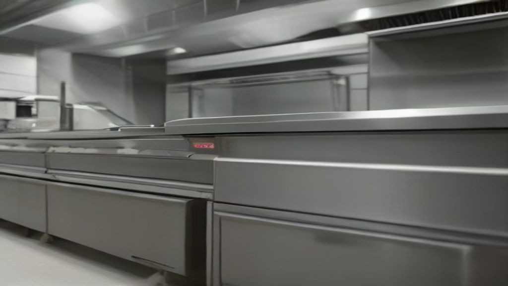 Commercial refrigerator undercounter unit installed beneath a stainless steel prep counter in a restaurant kitchen