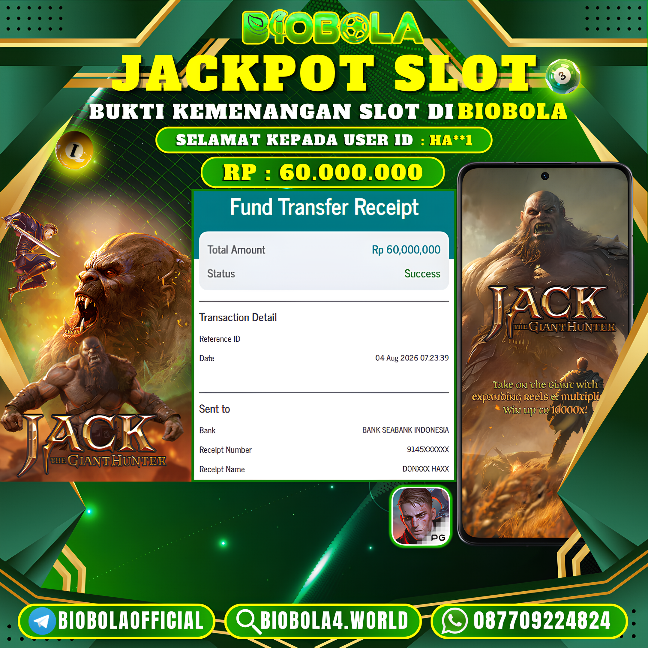 JP " Jack the Giant Hunter " ( PG SOFT ) 60.000.000 JT BIOBOLA DI BAYAR LUNAS !!