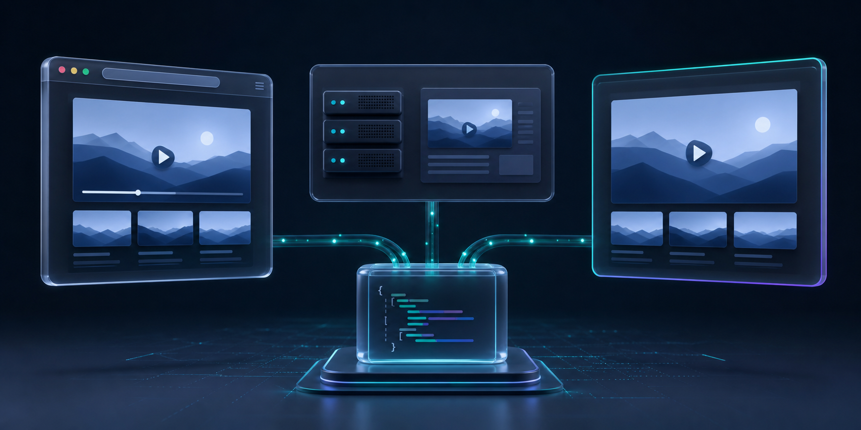 Three rendering paths for one VideoFlow project: browser, server, and live preview