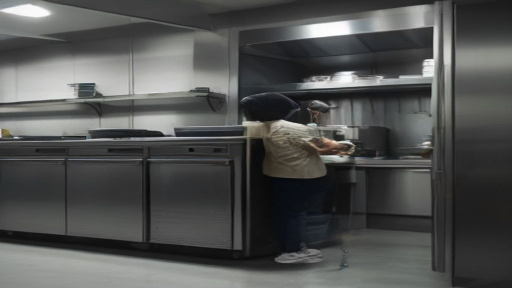 Kitchen manager checking temperature and cleaning condenser access on a commercial undercounter refrigerator