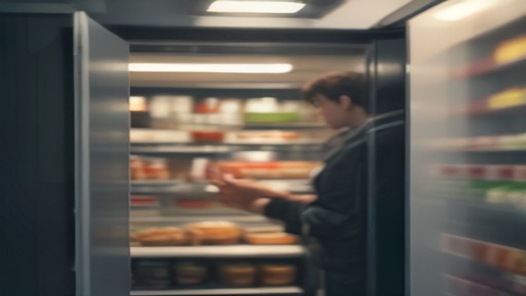 Kitchen manager checking shelf layout and airflow clearance inside a commercial merchandiser refrigerator