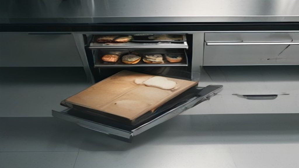 Kitchen manager comparing undercounter refrigerator doors and drawers on a cook line