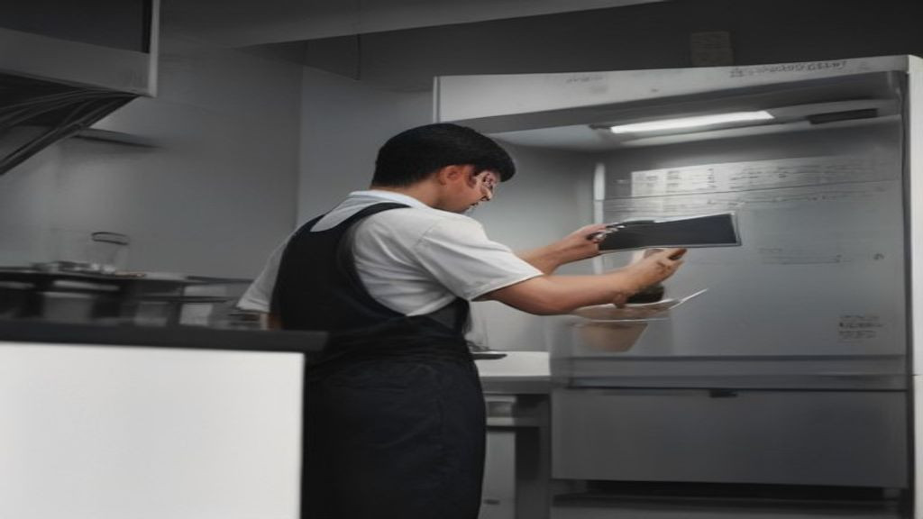 Technician checking condenser coils on a commercial refrigerator in a busy kitchen