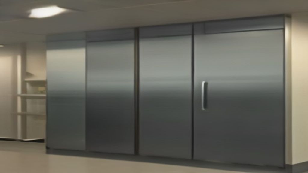 Walk-in cooler door open showing organized shelving for restaurant food storage
