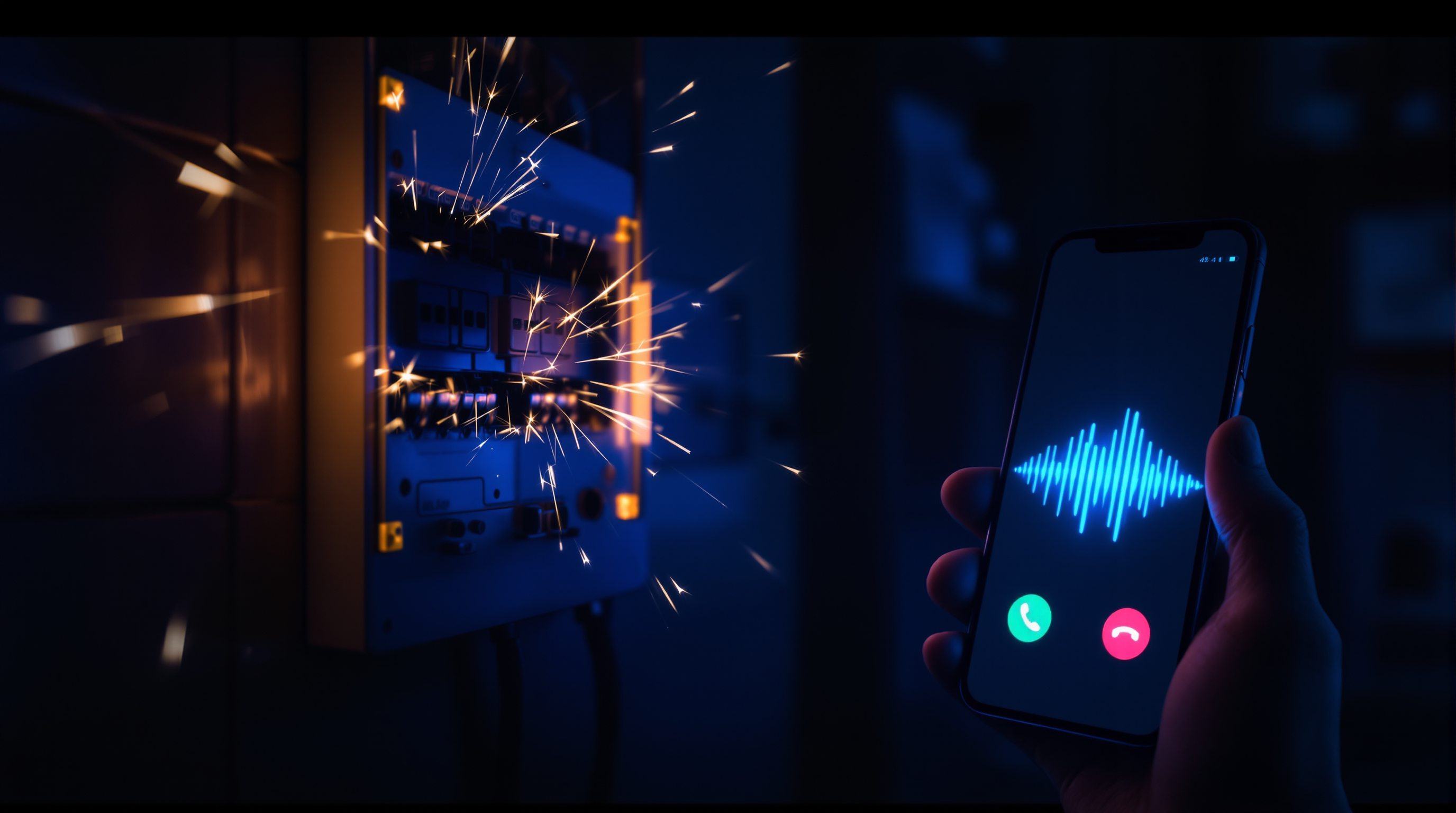 An AI voice agent triaging an electrical emergency call while a panel arcs at night