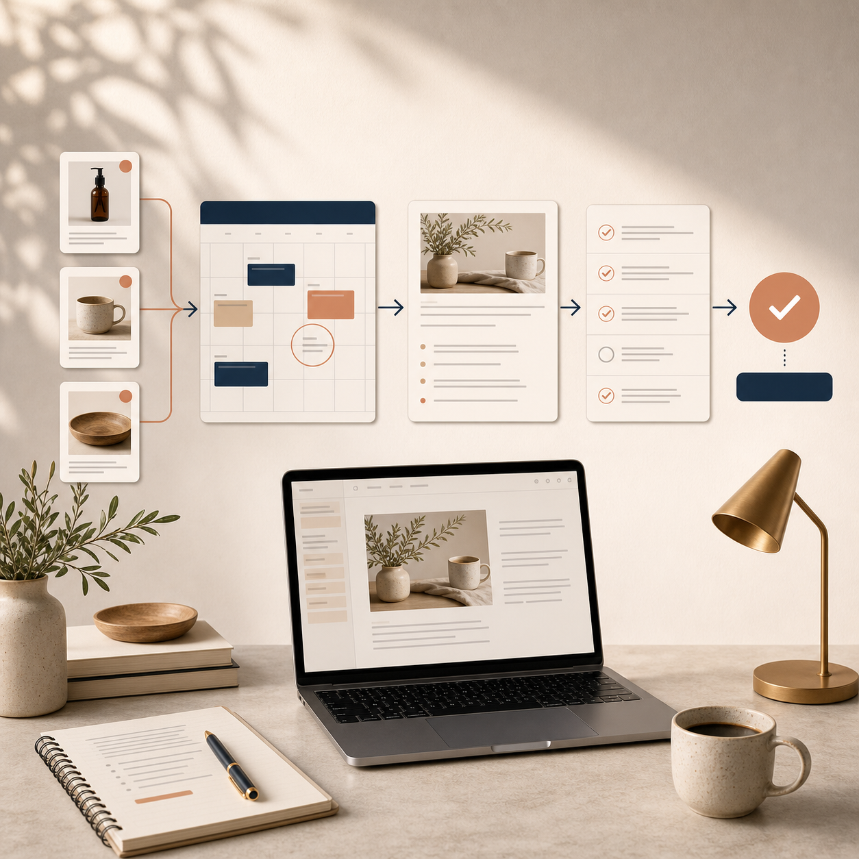 Editorial workflow showing product cards flowing into a reviewable blog draft
