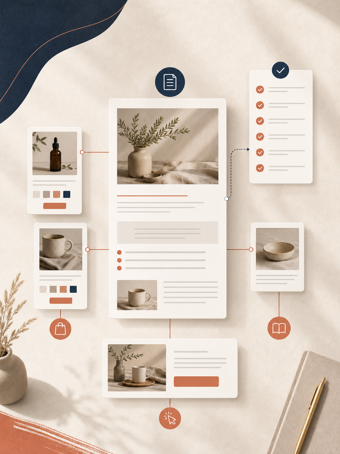 Content hub diagram linking a central blog post to product pages and calls to action