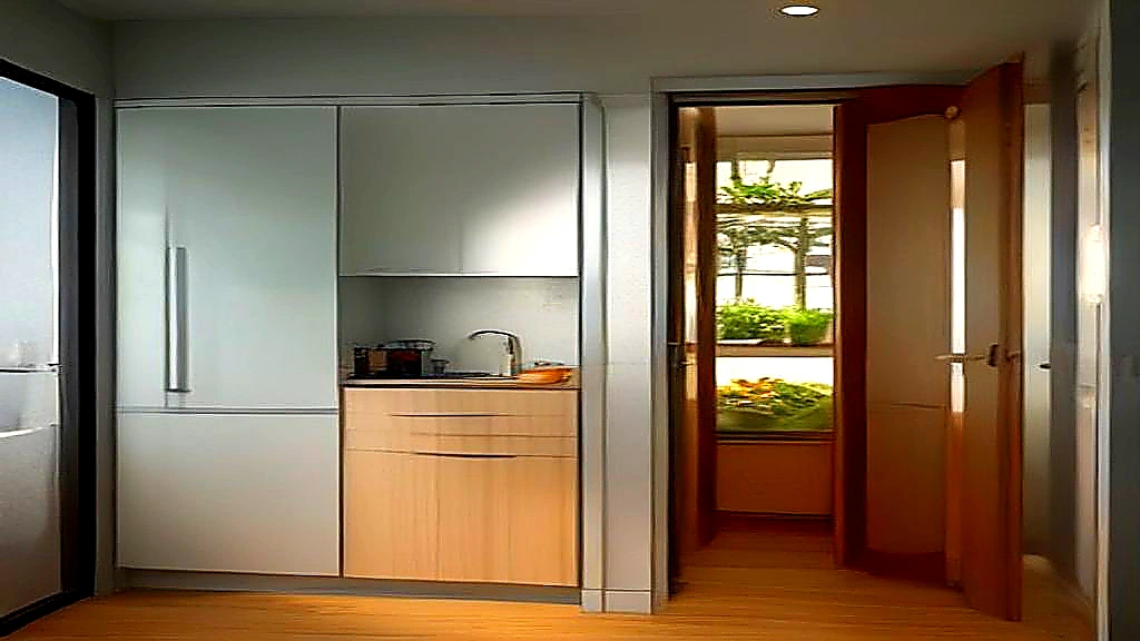 Walk-in cooler box exterior with hinged door and shelving visible through open entrance