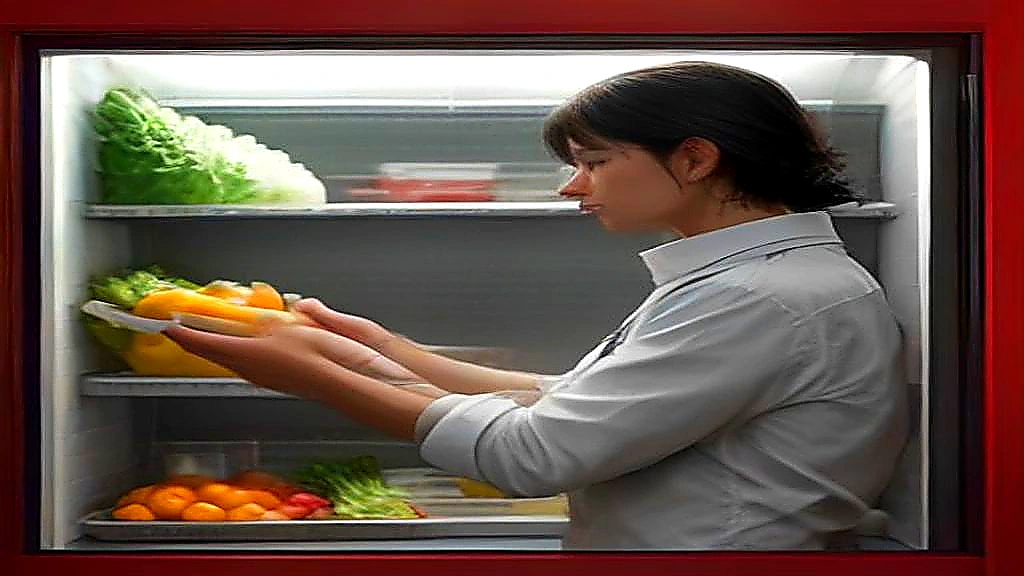Kitchen manager checking temperature and shelf loading inside a countertop merchandiser freezer