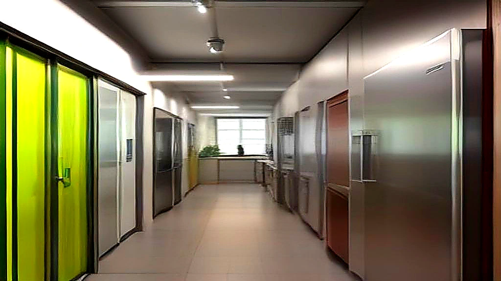 Commercial walk-in cooler exterior panels beside a busy restaurant kitchen corridor