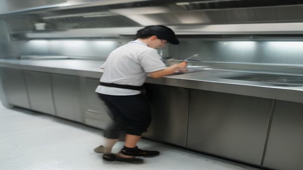 Kitchen manager checking ice bin level in an undercounter ice maker during service