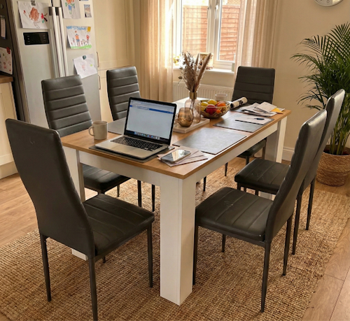 My new 6 seater dining table and chairs in the dining room.png