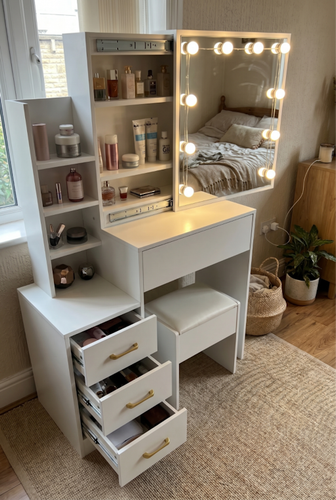 Dressing table with mirror and lights for hidden makeup space.png