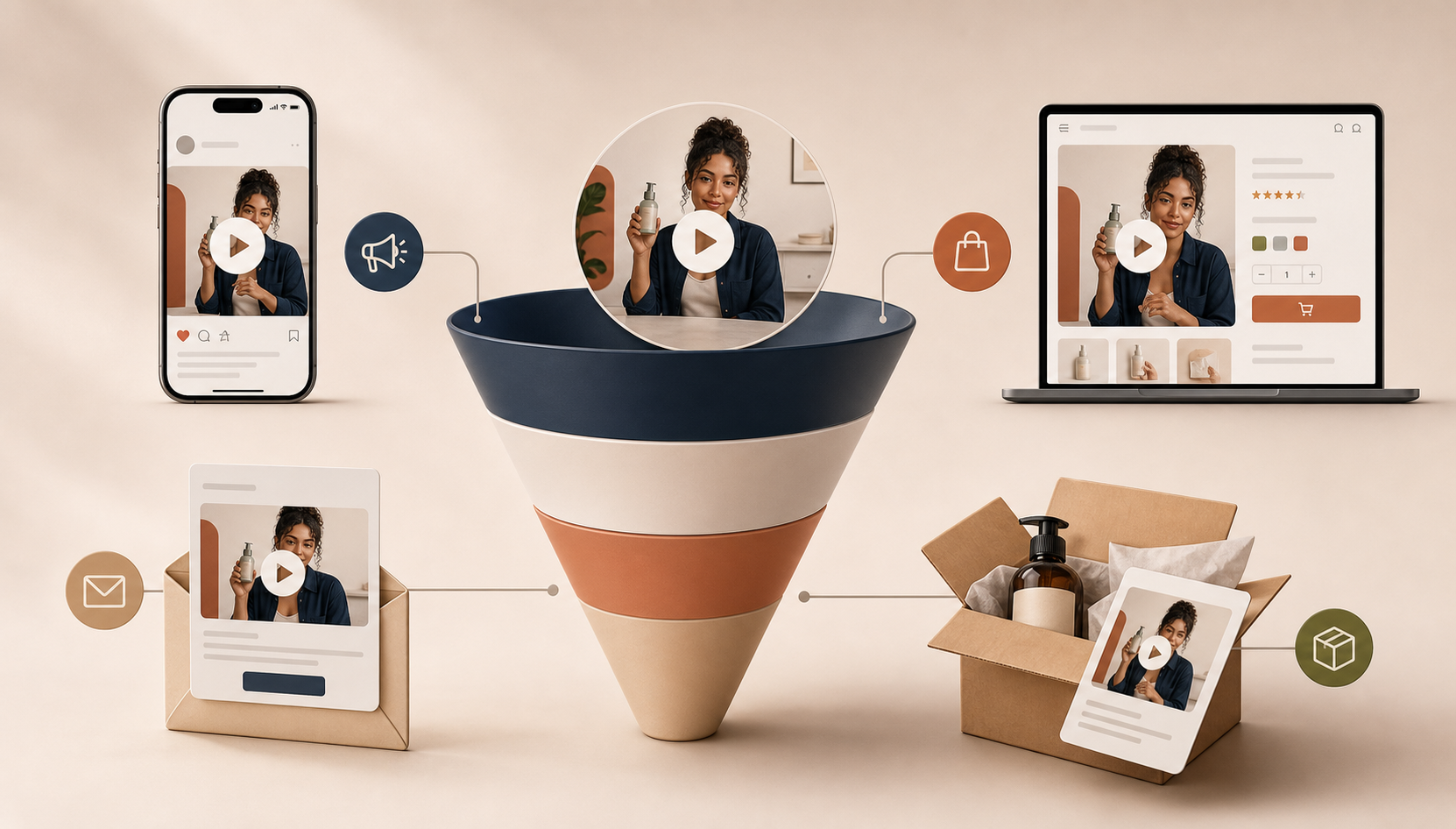 Ecommerce funnel showing video placements across ad, product page, email, and post-purchase
