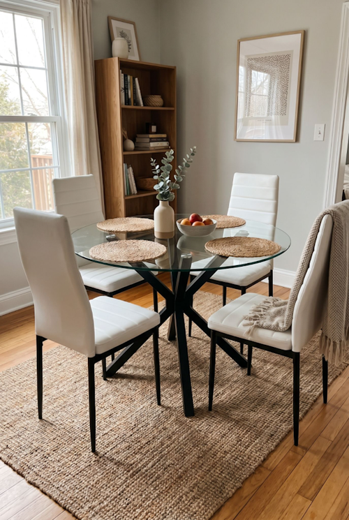 Skyra dining set from DHS with white chairs around round glass.png