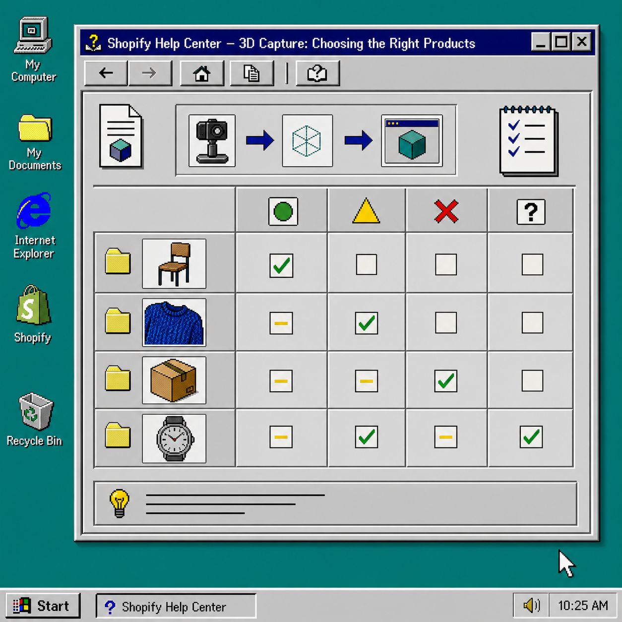 Retro decision matrix for choosing Shopify products to scan in 3D