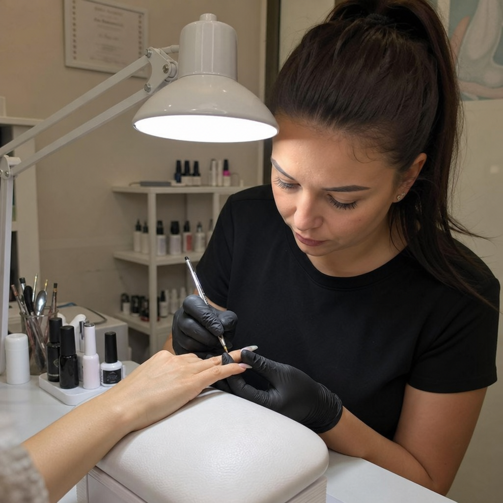 Professionelle Nail-Artistin bei der Arbeit unter einer hellen Schreibtischlampe