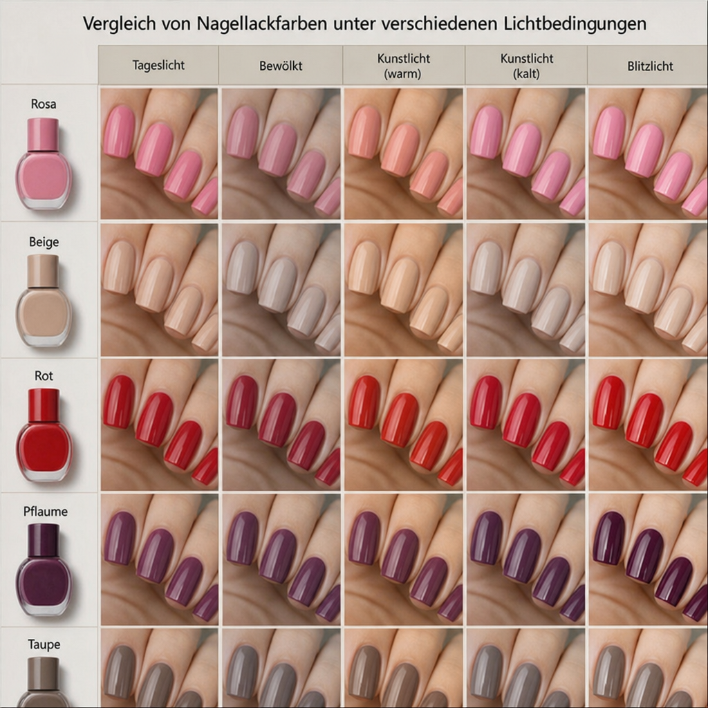 Vergleich von Nagellackfarben unter verschiedenen Lichtbedingungen