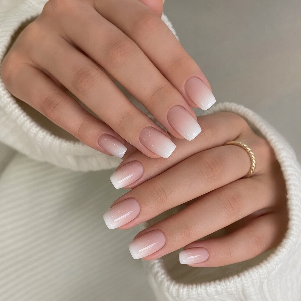 Elegante Hände, die ein makelloses Babyboomer-Farbverlaufs-Nageldesign zeigen