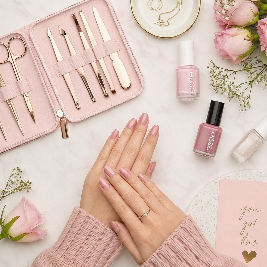 Eine wunderschön arrangierte Maniküre-Ausrüstung, Nagellacke und elegant manikürte Hände