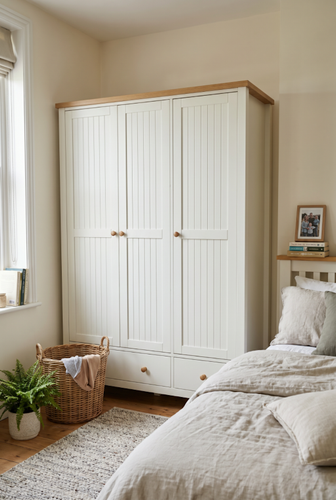 Linra 3 door wardrobe with drawers from DHS with wooden accents.png