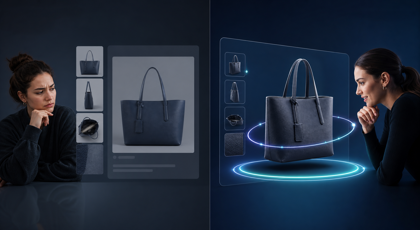 Flat gallery versus interactive 3D handbag view