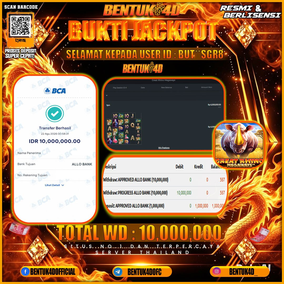SELAMAT KEPADA USER ID : BUT**SGR8 KEMENANGAN Rp 10,000,000 (GREAT RHINO MEGAWAYS) BENTUK4D