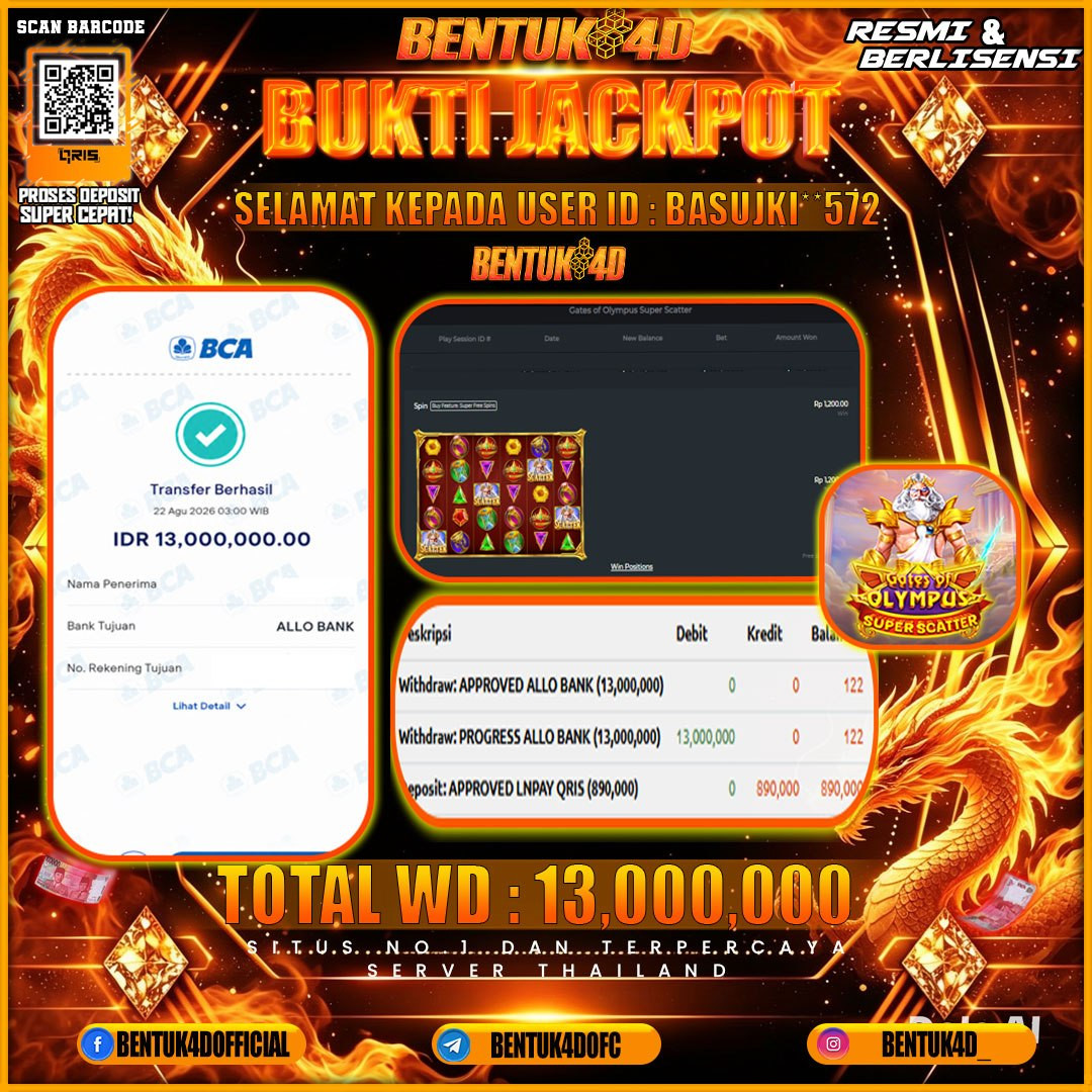 SELAMAT KEPADA USER ID : BASUJKI**572 KEMENANGAN Rp 13,000,000 (GATES OF OLYMPUS SUPER SCATTER) BENTUK4D