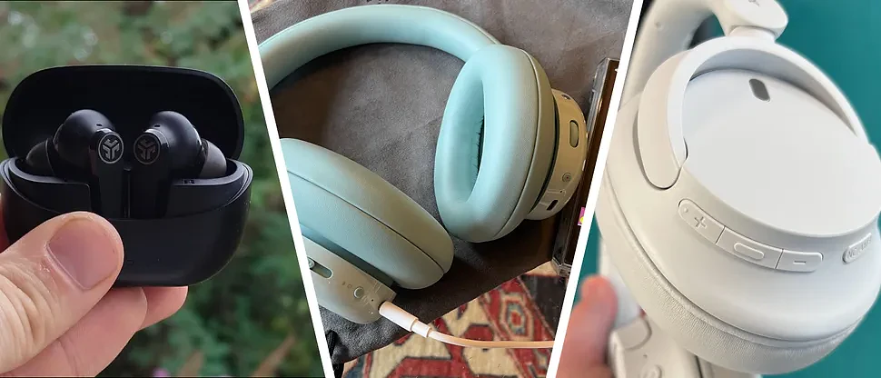 A pair of earbuds and two pairs of over-ear headphones