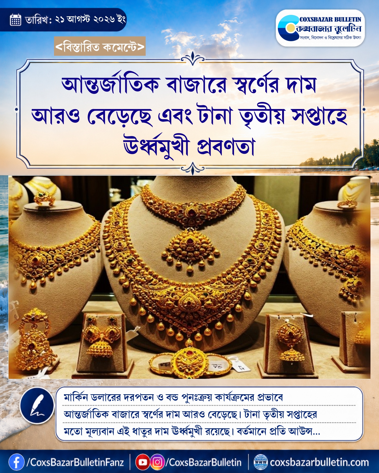 আন্তর্জাতিক বাজারে স্বর্ণের দাম আরও বেড়েছে এবং টানা তৃতীয় সপ্তাহে ঊর্ধ্বমুখী প্রবণতা