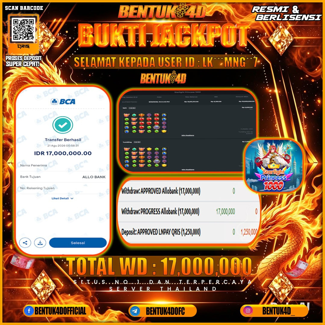 SELAMAT KEPADA USER ID : LK***MNG**7 KEMENANGAN Rp 17,000,000 (STARLIGHT PRINCESS 1000) BENTUK4D