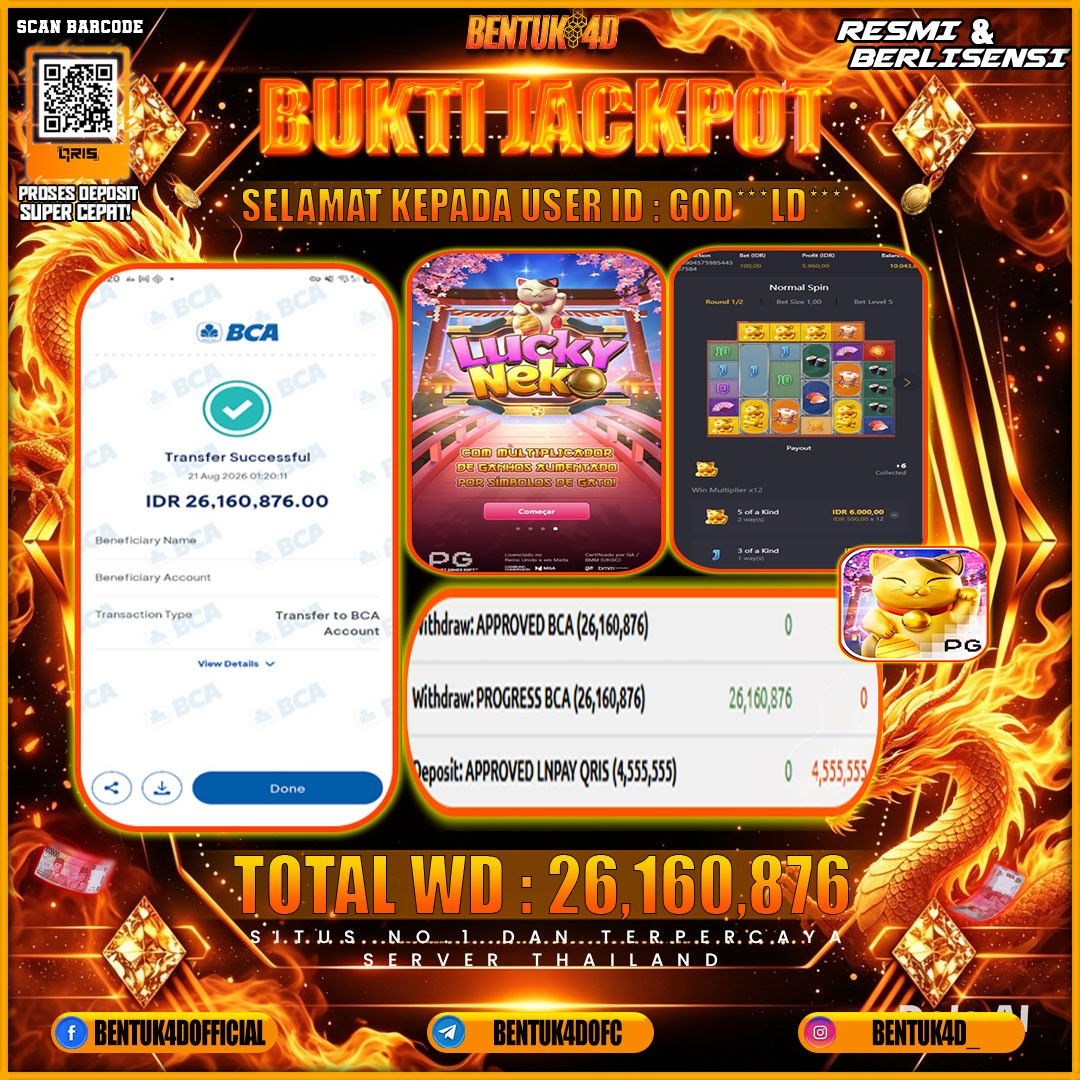 SELAMAT KEPADA USER ID : GOD***LD*** KEMENANGAN Rp 26,160,876 (LUCKY NEKO) BENTUK4D