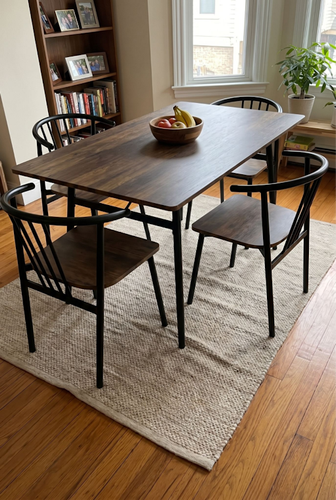 Torvi rustic dining table and 4 chairs with a dark wood-effect top.png