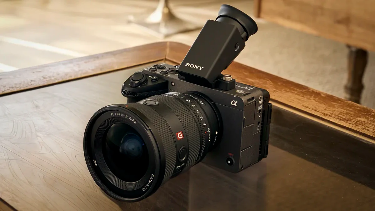 Sony FX5 with lens and EVF on a wooden desk