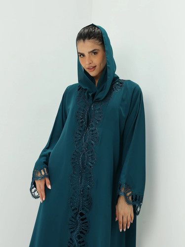 Heritage Threads Abaya - Emerald Teal Open-Work Lace Trimmed Abaya | Elegant Klosh Cut with Statemen.jpg