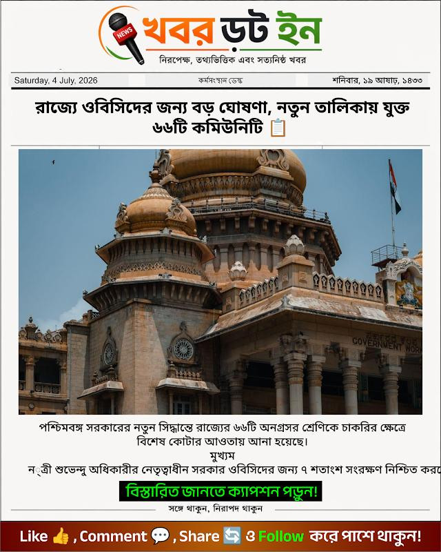 রাজ্যে ওবিসিদের জন্য বড় ঘোষণা, নতুন তালিকায় যুক্ত ৬৬টি কমিউনিটি 📋