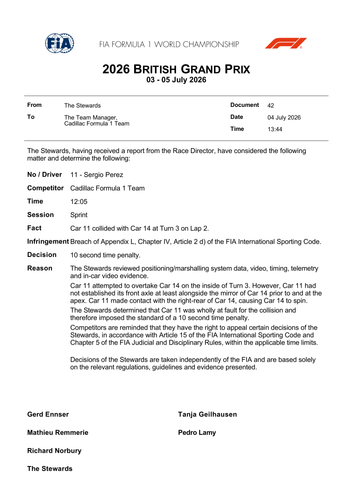 [British GP]Doc 42 Infringement Car 11 Causing a collision with Car 14 page 1.png