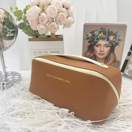 MPBAG BWH Cosmetic Travel Pouch Brown with White Handle.jpg