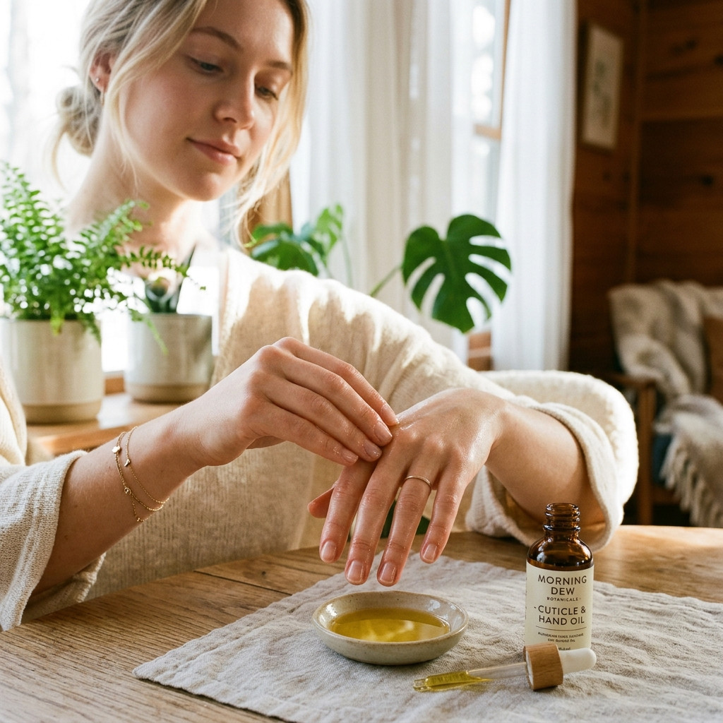 Person massiert am Morgen sanft Öl in die Hände und Nagelhaut ein