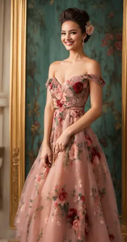Full Body of a Pretty smiling woman updo with hai.webp