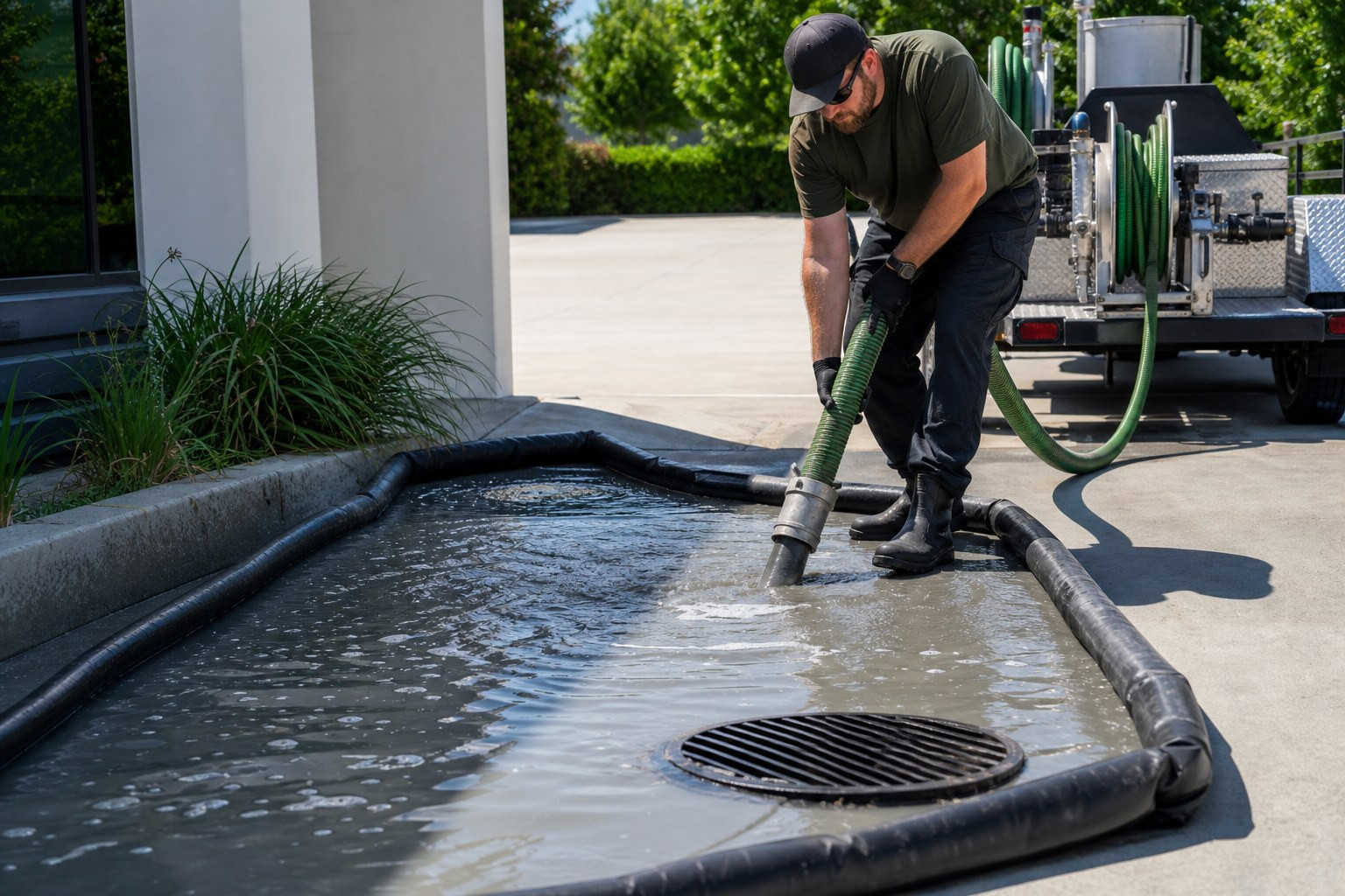 Vacuum recovery system collecting wash water during commercial pressure washing