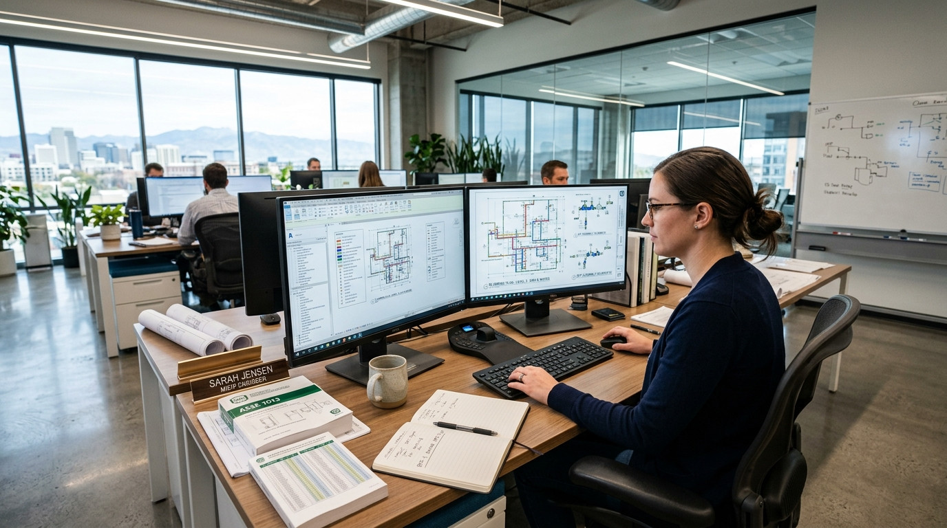 MEP plumbing engineer reviewing commercial water service entry and backflow preventer CAD drawings on dual monitors in a modern design office