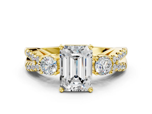 Yellow Gold Emerald Cut Diamond Three Stone Ring with Pavé Split Shank and Four-Prong Setting.jpg