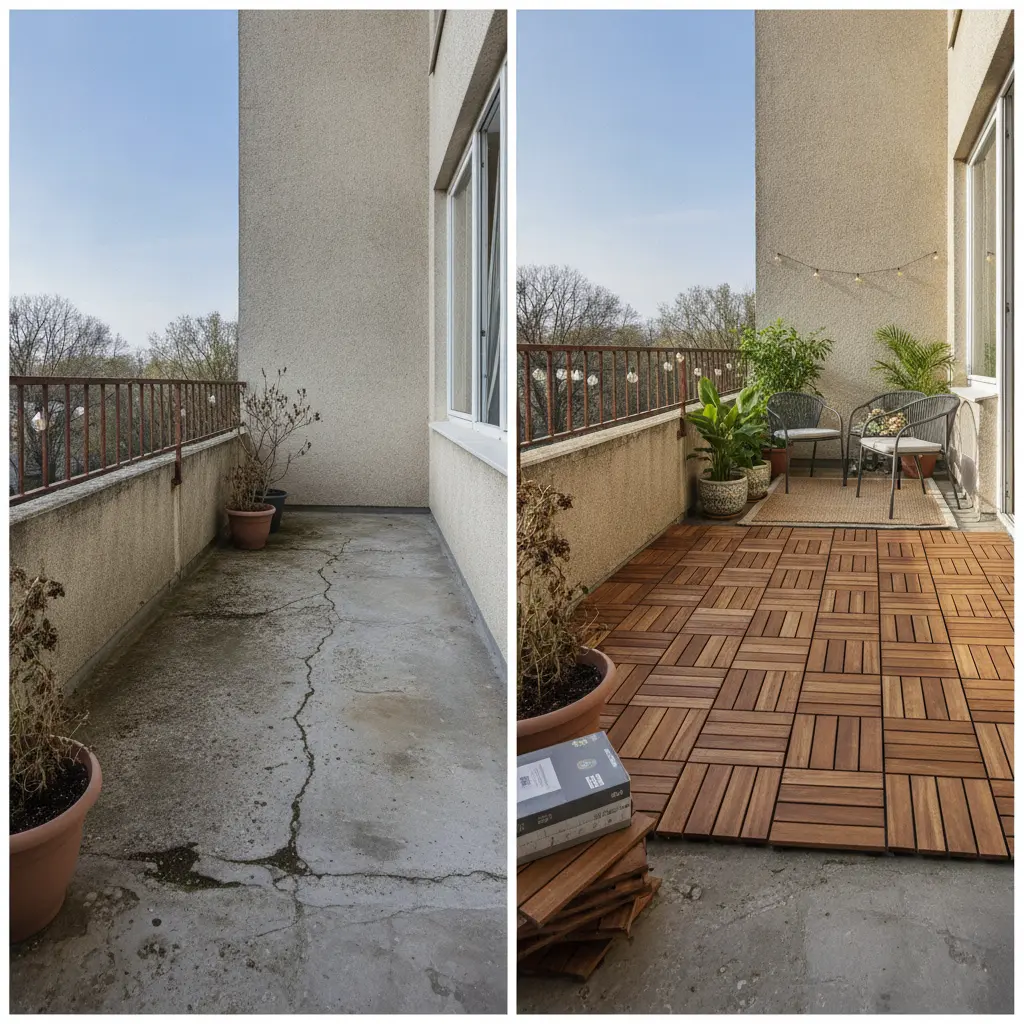 Before and after image of a rental balcony floor being covered with interlocking deck tiles